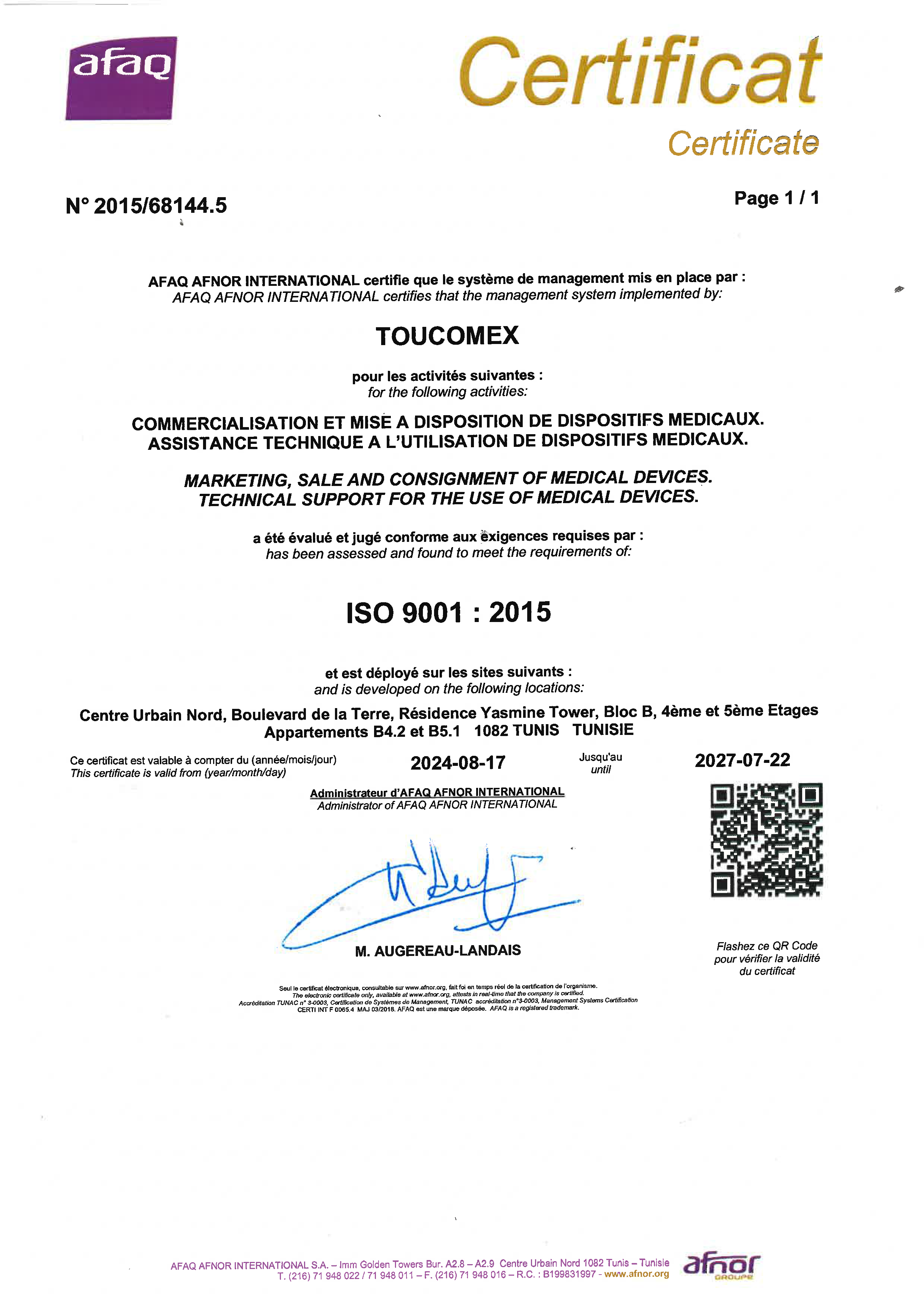 Certificat ISO 9001 TOUCOMEX